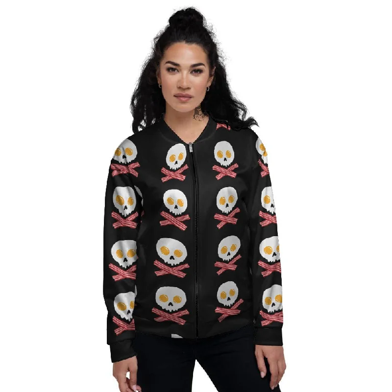 Bacon And Skull Fried Egg Print Pattern Women's Bomber Jacket