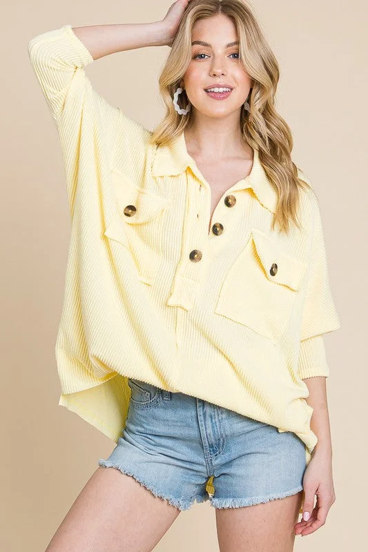 BANANA COLLARED BUTTON-UP OVERSIZE TOP RJT4302-RIB9