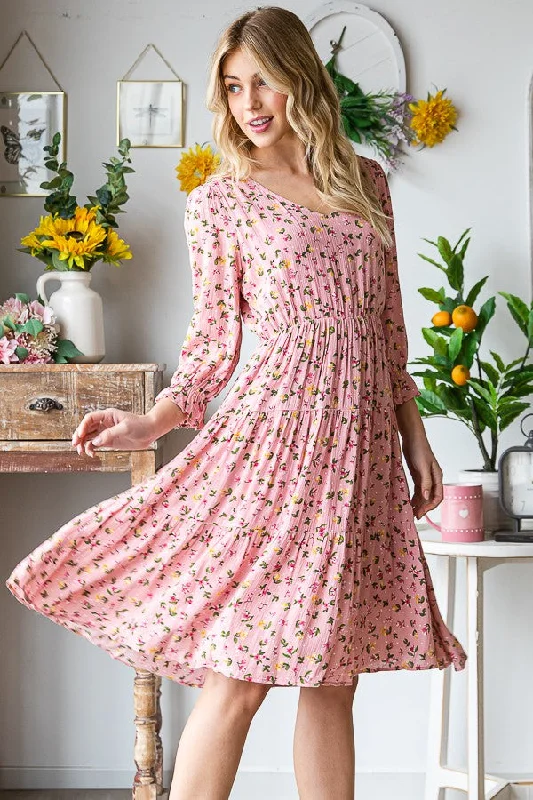 BLUSH FLORAL PRINT TIERED HIGH WAIST WOVEN MIDI DRESS RJS3132