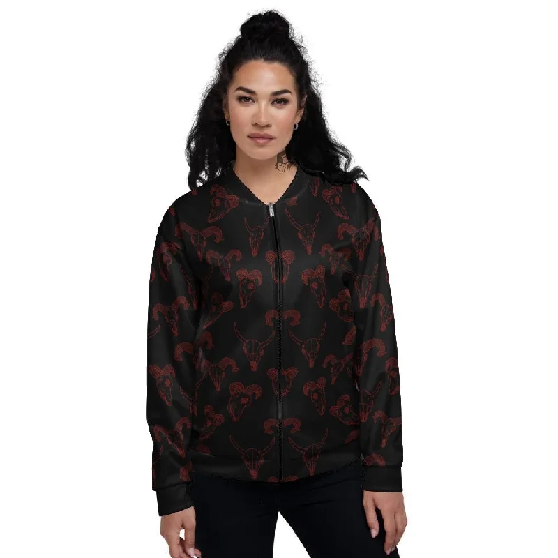 Bull Skull Black And Red Print Pattern Women's Bomber Jacket