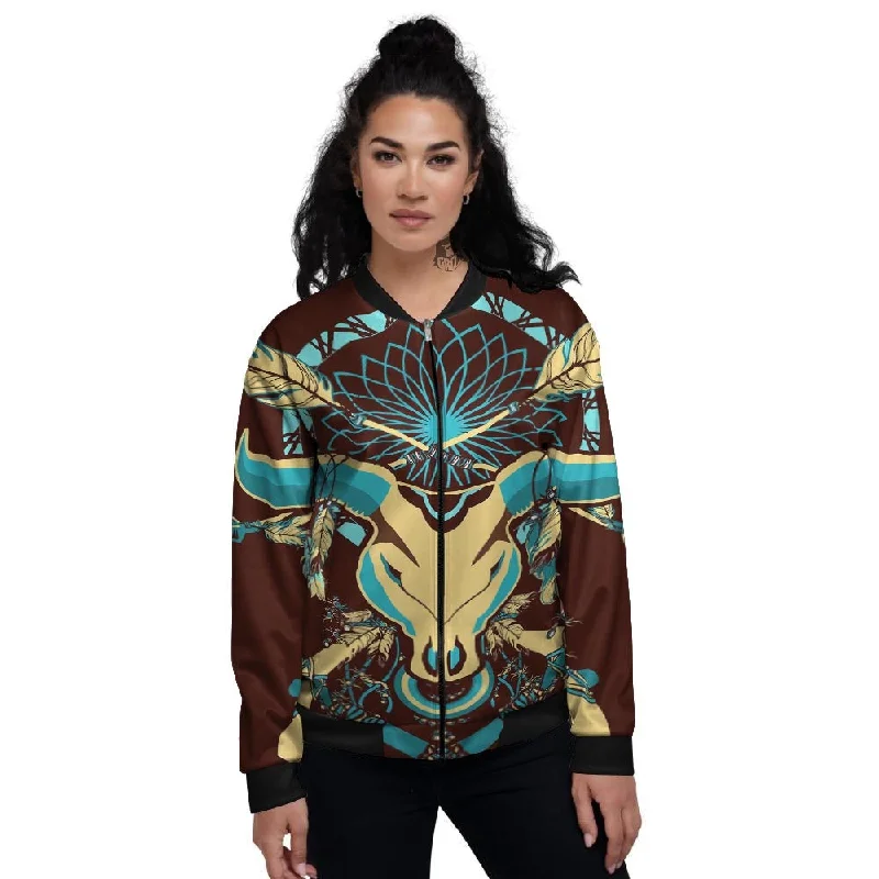 Bull Skull Indian Tribal Print Women's Bomber Jacket