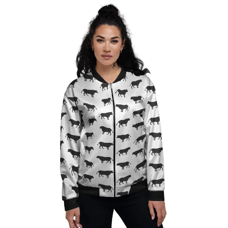 Bull White And Black Print Pattern Women's Bomber Jacket