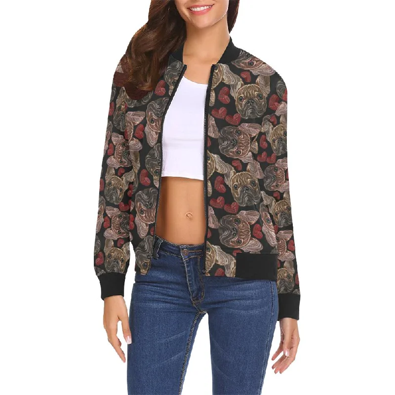 Bulldog Crochet Pattern Print Women Casual Bomber Jacket