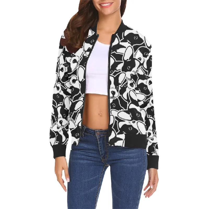 Bulldog Pattern Print Women Casual Bomber Jacket