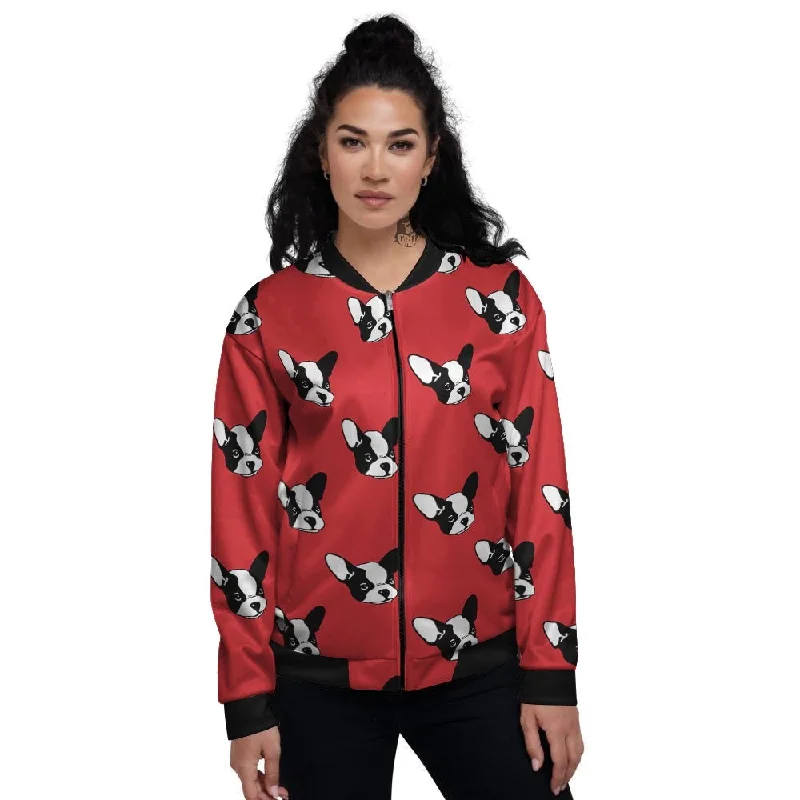 Bulldog Red French Print Pattern Women's Bomber Jacket