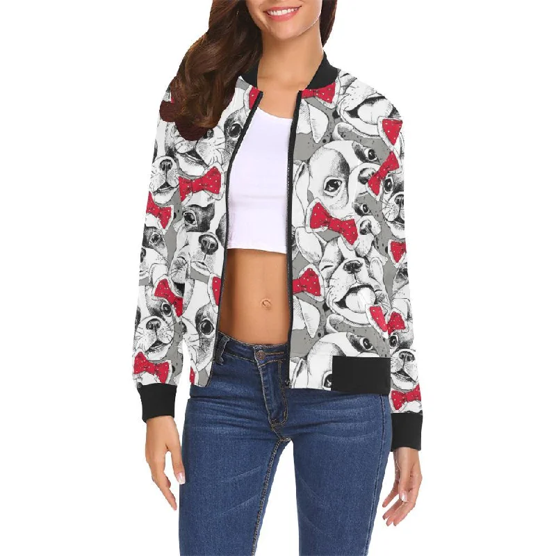 Bulldog Tuxedo Pattern Print Women Casual Bomber Jacket