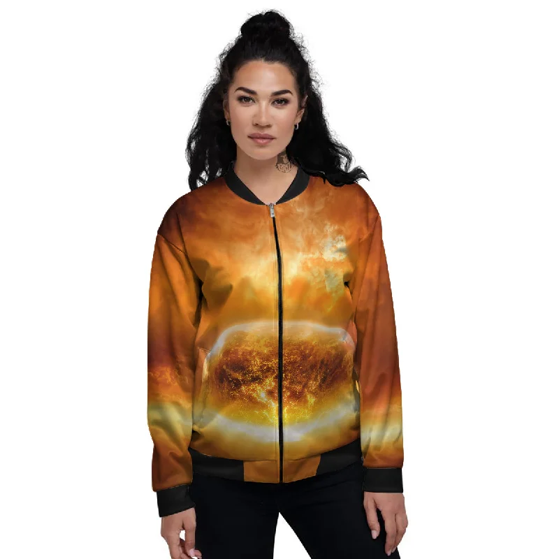 Burning Apocalyptic Planet Earth Print Women's Bomber Jacket