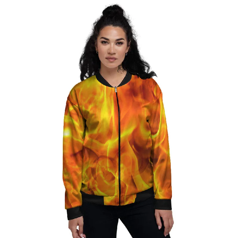 Burning Fire Flame Print Women's Bomber Jacket