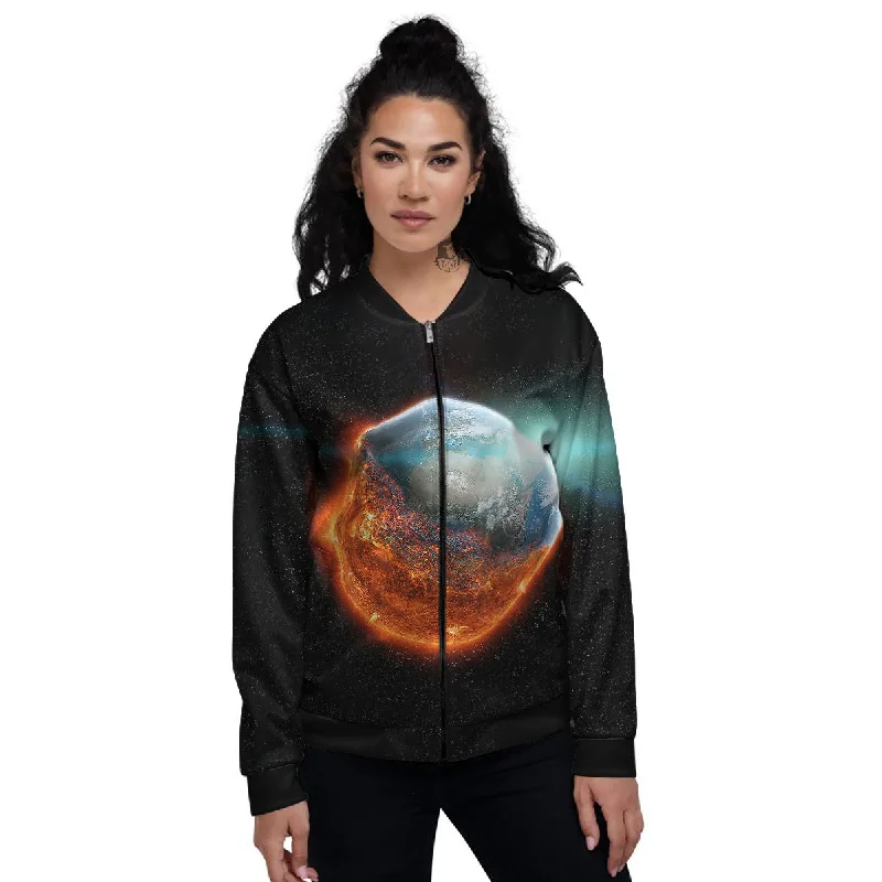 Burning Planet Print Women's Bomber Jacket