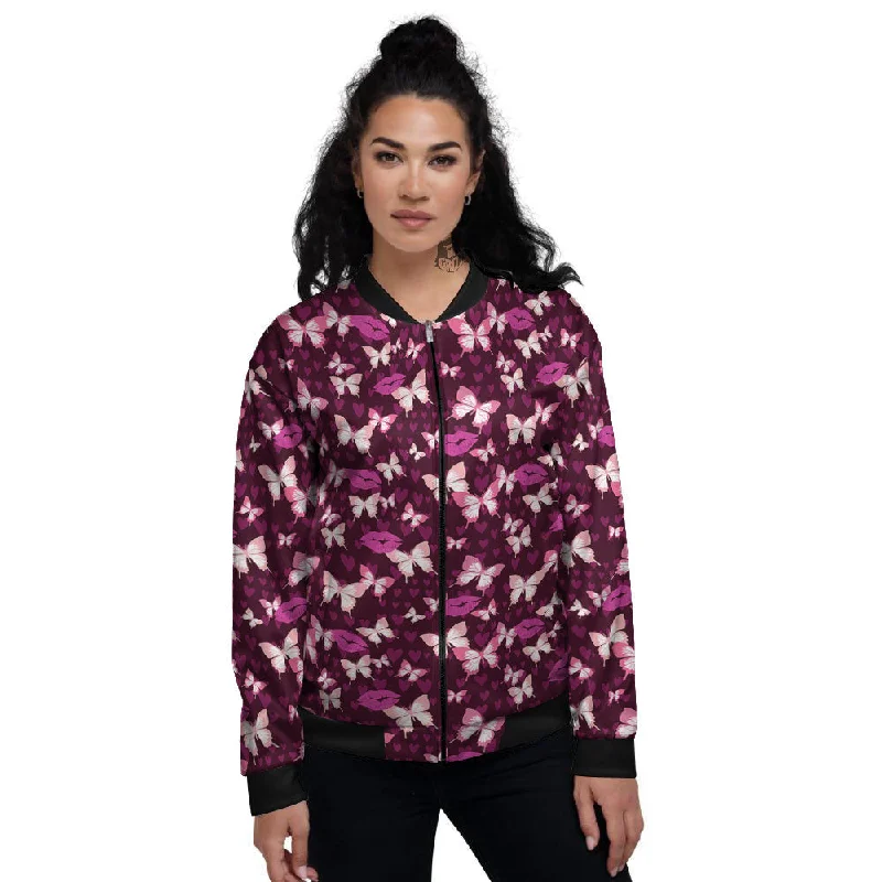 Butterfly And Girly Heart Print Pattern Women's Bomber Jacket