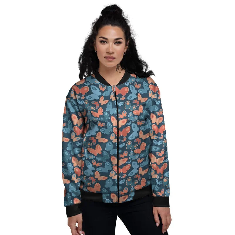 Butterfly Blue And Orange Print Women's Bomber Jacket