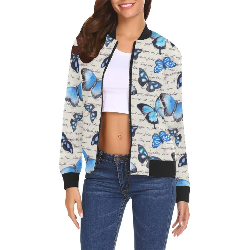 Butterfly Blue Pattern Print Butterfly Blue Pattern Print Women Casual Bomber Jacket