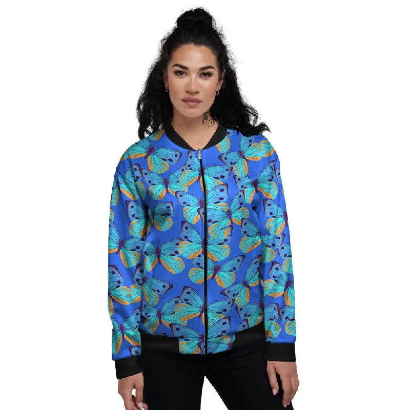 Butterfly Blue Watercolor Print Pattern Women's Bomber Jacket