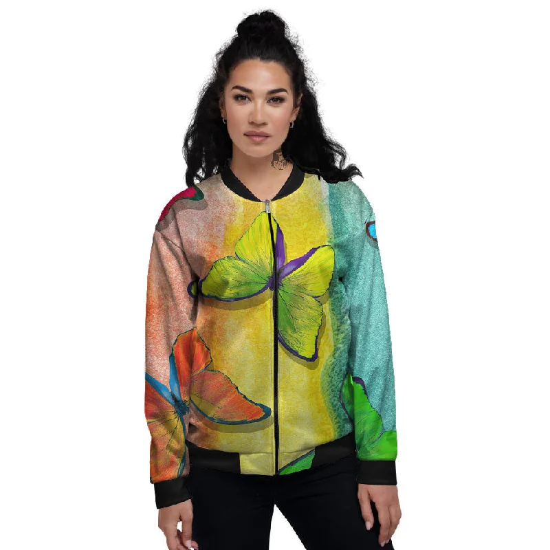 Butterfly Colorful Watercolor Print Women's Bomber Jacket