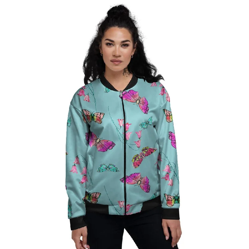 Butterfly Pink And Turquoise Print Pattern Women's Bomber Jacket