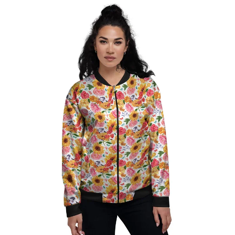 Butterfly Sunflowers Peonies Print Pattern Women's Bomber Jacket