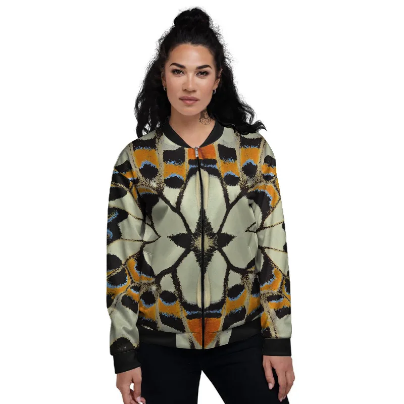 Butterfly Wing Skin White Orange Print Women's Bomber Jacket