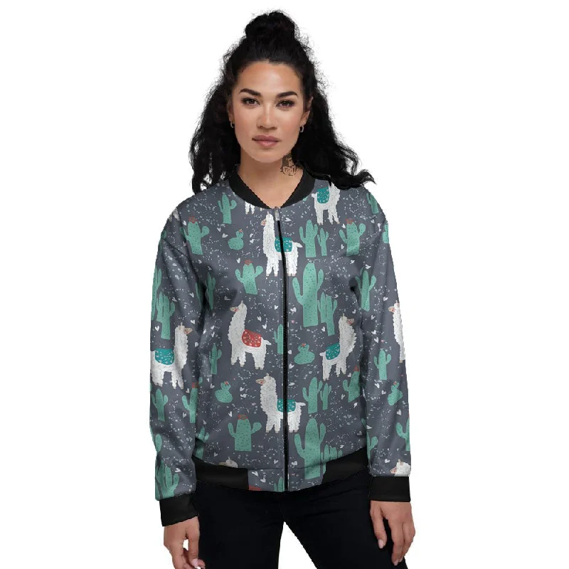 Cactus And Happy Llama Print Pattern Women's Bomber Jacket