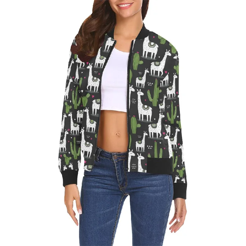 Cactus Llama Pattern Print Women Casual Bomber Jacket