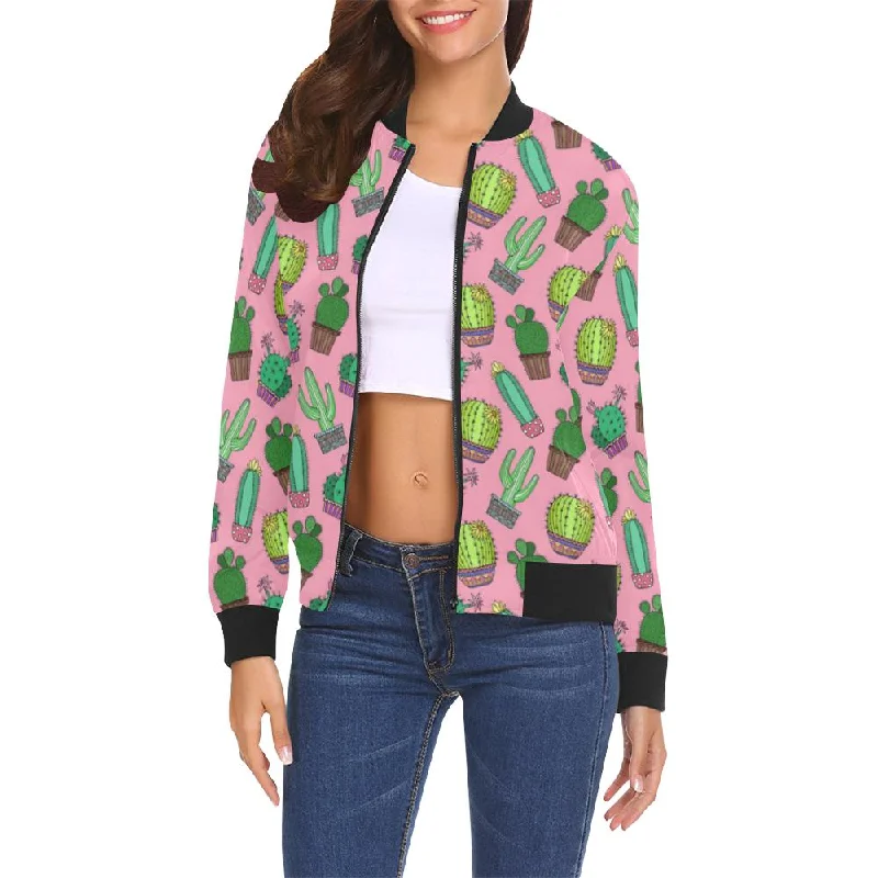 Cactus Pink Pattern Print Women Casual Bomber Jacket