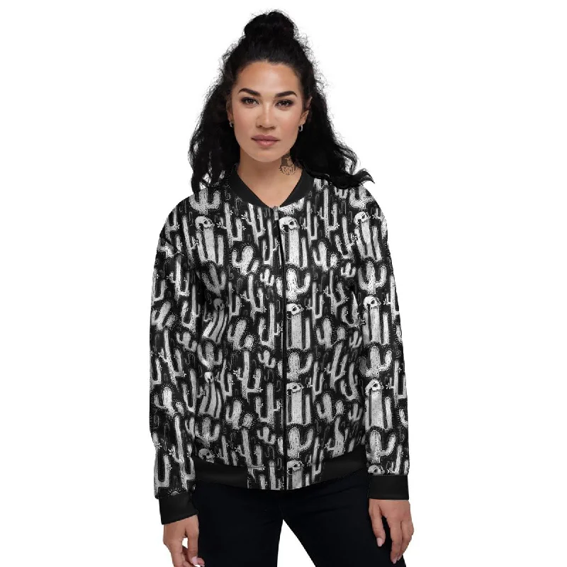 Cactus White And Black Print Pattern Women's Bomber Jacket