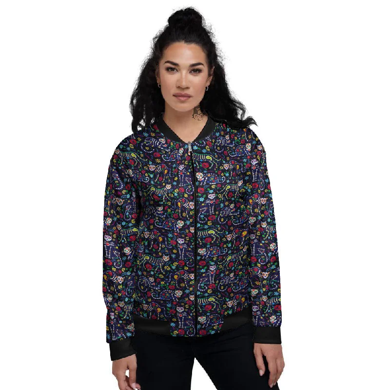 Calavera Cat Day Of The Dead Print Pattern Women's Bomber Jacket