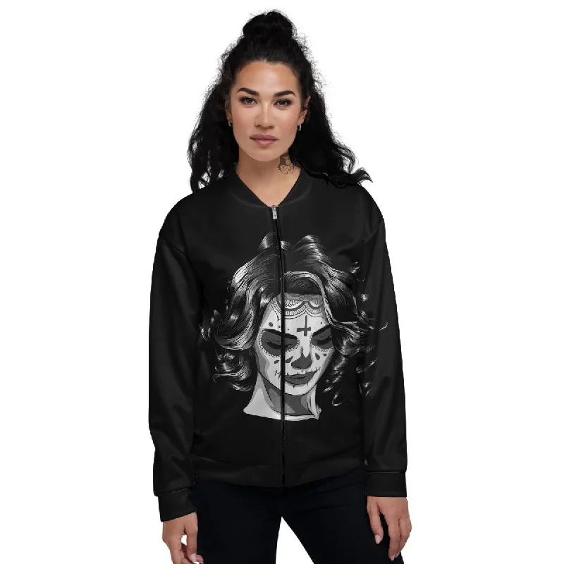 Calavera Girl White And Black Print Women's Bomber Jacket