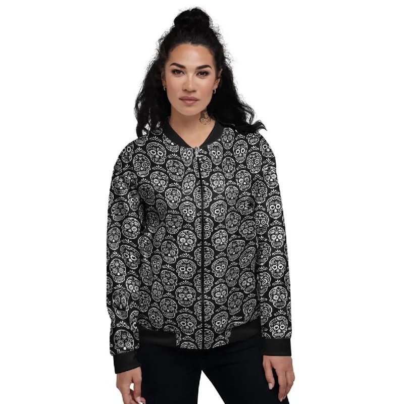 Calavera Skull White And Black Print Women's Bomber Jacket