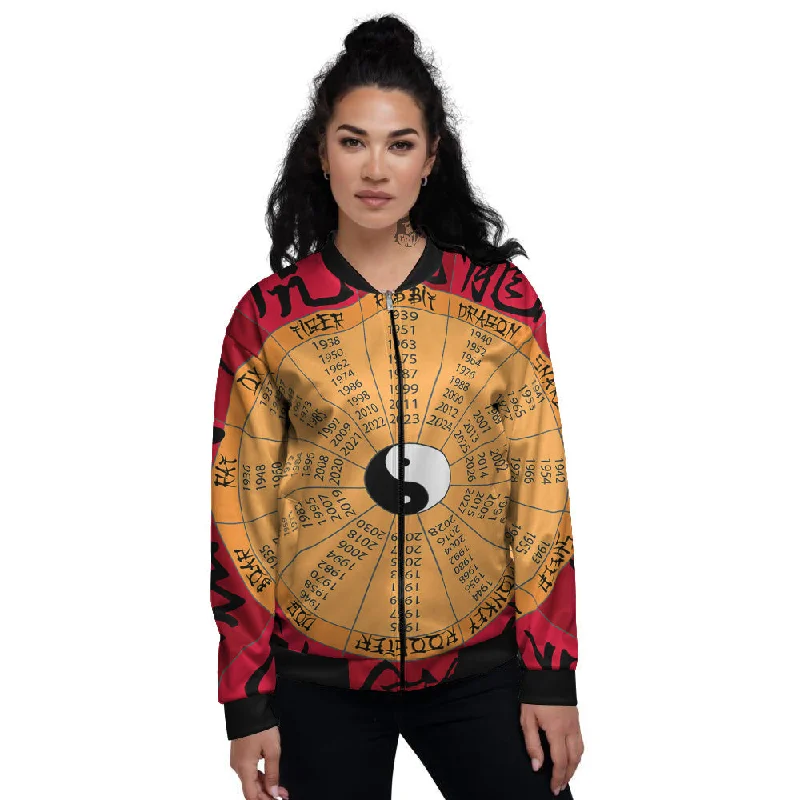 Calendar Wheel Chinese Zodiac Print Women's Bomber Jacket