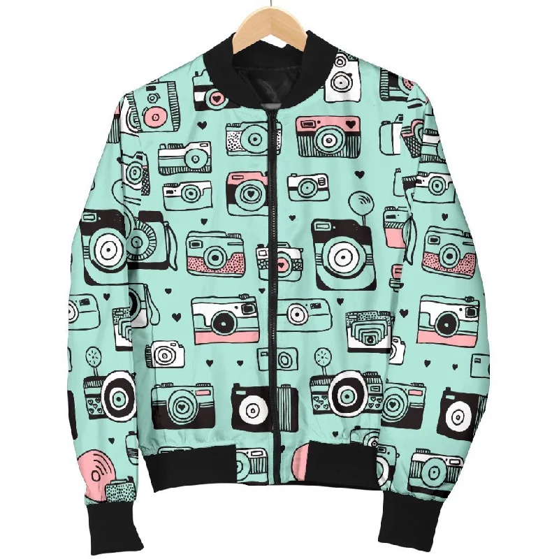 Camera Pastel Pattern Print Women Casual Bomber Jacket