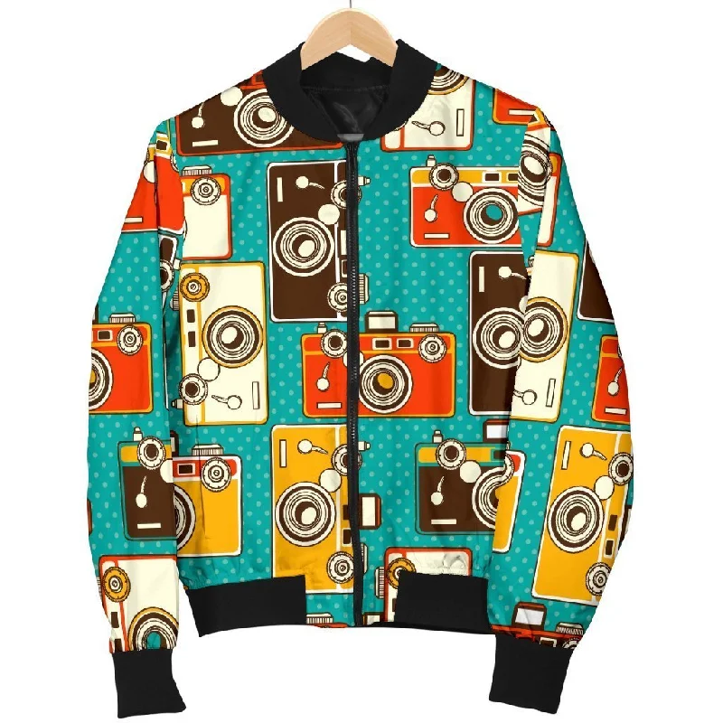 Camera Print Pattern Women Casual Bomber Jacket