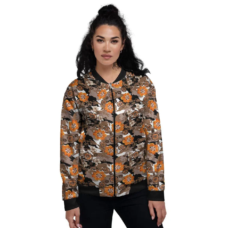 Camo Flower Brown Hawaiian Print Pattern Women's Bomber Jacket