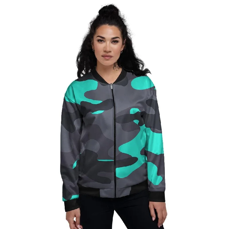 Camouflage Black And Teal Print Women's Bomber Jacket