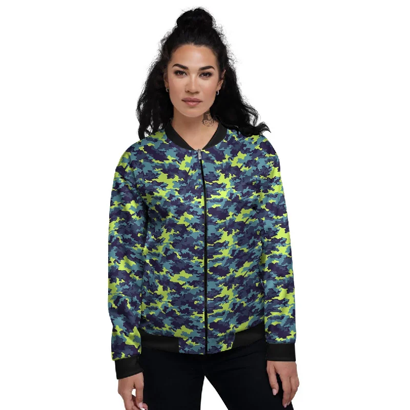 Camouflage Blue And Neon Green Print Pattern Women's Bomber Jacket