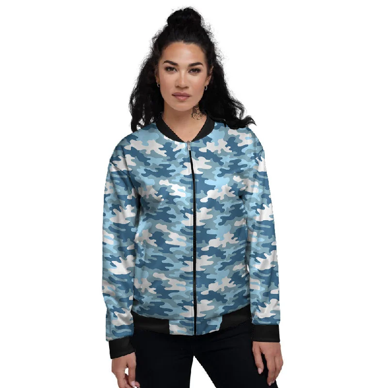 Camouflage Blue Snow Print Women's Bomber Jacket