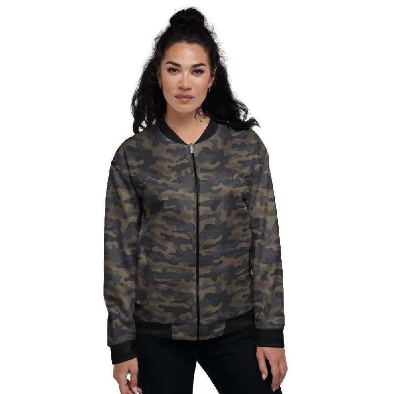 Camouflage Dark Brown Print Women's Bomber Jacket