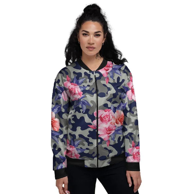 Camouflage Flower Pink Rose Print Women's Bomber Jacket