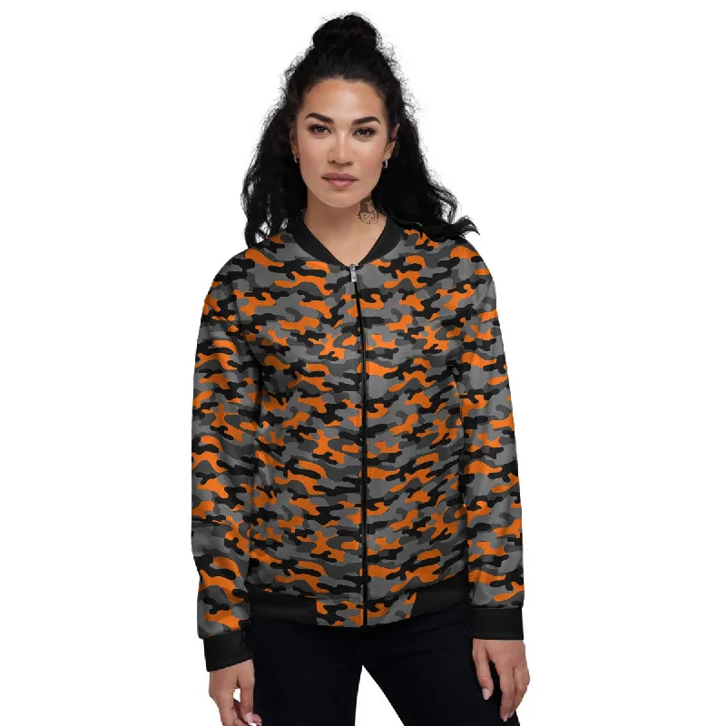 Camouflage Orange And Black Print Women's Bomber Jacket