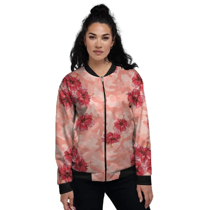 Camouflage Pink Hibiscus Flower Print Pattern Women's Bomber Jacket