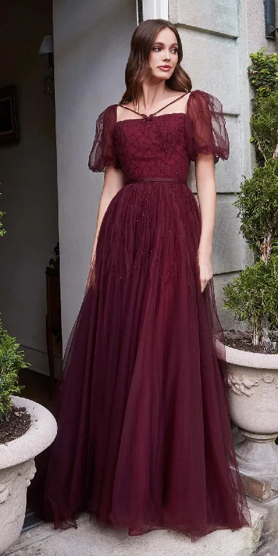 Cinderella Divine B712 Long Maroon Short Puff Sleeve Ball Gown