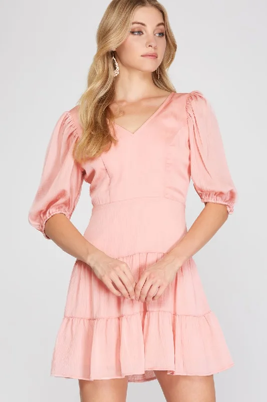 LT. PINK V-NECK PUFF SLEEVES TIERED MINI DRESS SS9619