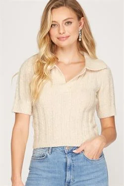 LT. TAUPE COLLARED SHORT SLEEVES CROPPED KNIT TOP S8SS8236