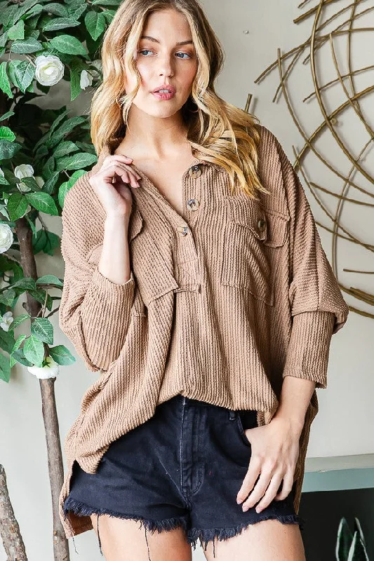 MOCHA COLLARED BUTTON-UP OVERSIZE TOP RJT4302-RIB9