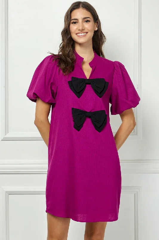 PLUM BUBBLE SLEEVES BLACK BOW DETAILED SHIFT MINI DRESS AVD10543