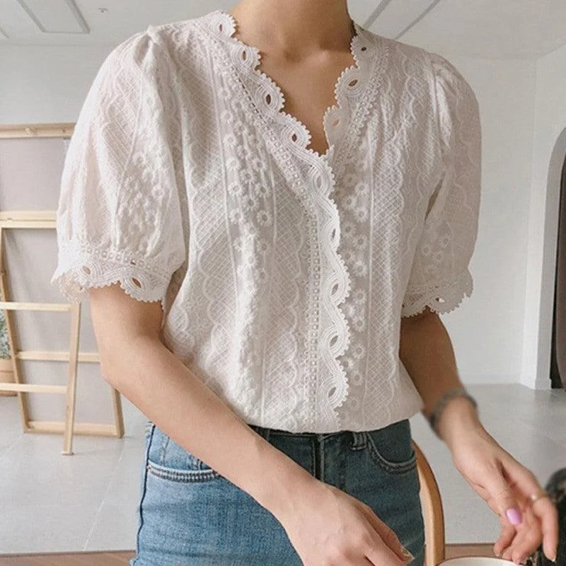 V-Neck Short Sleeve Lace Top