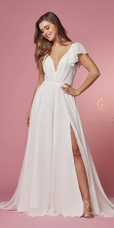 Nox Anabel R471 V-Neckline Cutout Short Sleeves Long A-Line Gown