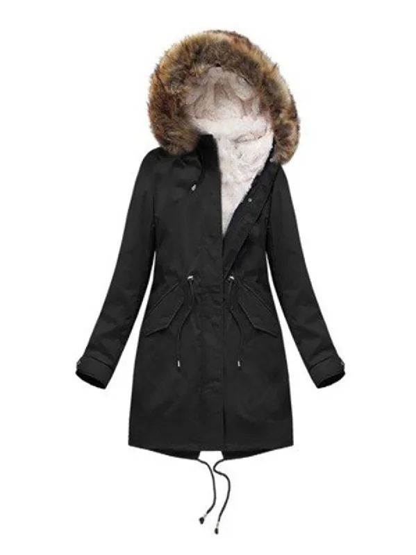 Winter Long Black Plus Velvet Hooded Coat